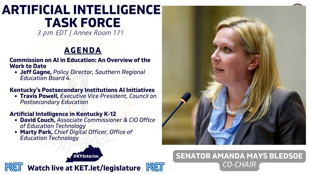 KYSenateGOP's tweet image. Join us and Sen @AmandaMBledsoe at the top of the hour for the Artificial Intelligence Task Force.
Catch the full discussion in person on LIVE on KET.org/legislature.
#KYGA25 #KYinterim25