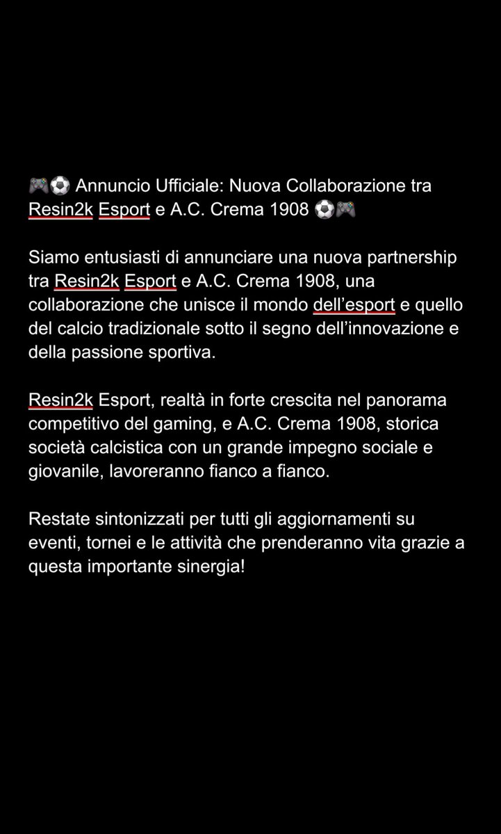 📣La Resin2k Esport è lieta di annunciare una nuova collaborazione con gli A.C. Crema 1908📣