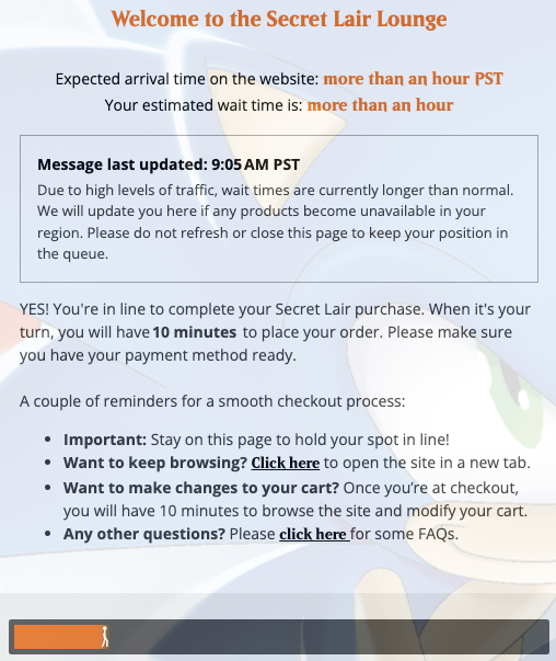 kappolo's tweet image. I was in the queue 6 seconds after 9AM PST (had to do 3 clicks to go to checkout). I'm still in the queue with one more hour to go almost 1 hour in :(