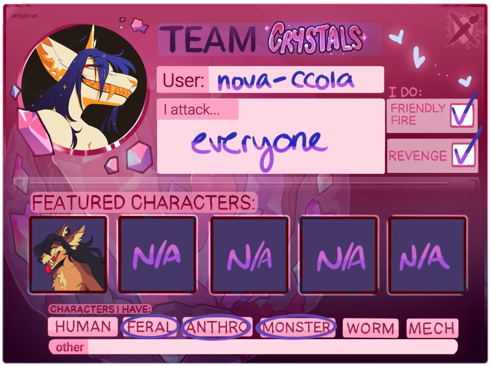 I’ve never done artfight before but I decided to join this year, idk what I’m doing lol

artfight.net/~nova-ccola