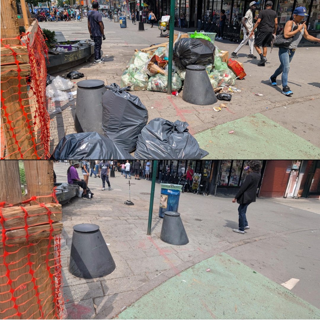 NYCMayor's tweet photo. Last week, after seeing reports of poor conditions at The Hub, we sent our city agencies to make things clean and safe for everyone. We won't let any areas be neglected.

@NYCSanitation, @NYPDNews, and @NYC_DOT will stay on the ground to maintain and further improve conditions. https://t.co/nTjo0dfcXz