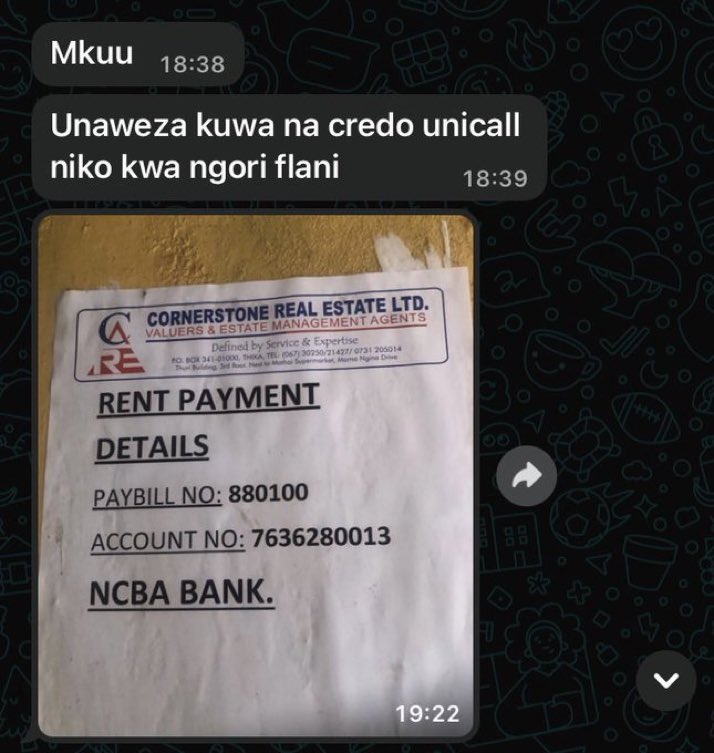 Bro for bro, kuna my pal comrade anafungiwa mlango na landlord leo juu ya due rent ya 2 months ukiona hii kwa tl yako unaeza weka anything you have even 20 bob kwa paybill unaeza weka screenshot pf payment ndo alias na caretaker 💯