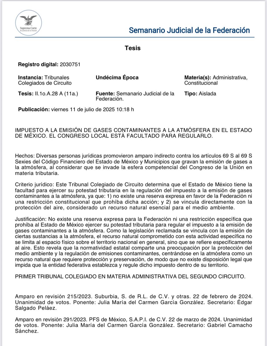 AlejandraG35852's tweet photo. El Primer Tribunal Colegiado en Materia Administrativa del Segundo Circuito Resolvió que: El congreso del Estado de México está facultado para Regular sobre el  IMPUESTO A LA EMISIÓN DE GASES CONTAMINANTES A LA ATMÓSFERA. https://t.co/Y6Yi5DVZ1P