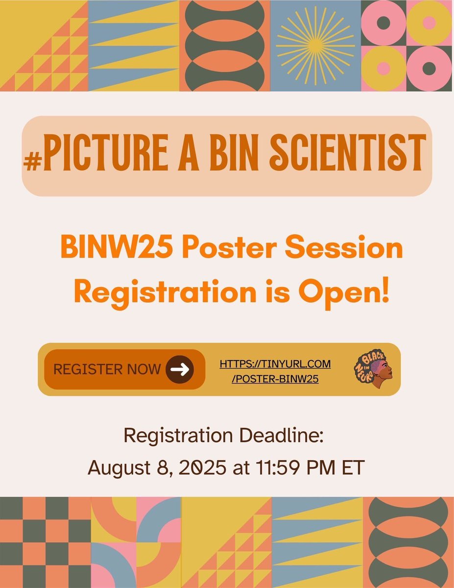BlackInNeuro's tweet image. 🚨 Poster abstract submissions are OPEN for #BINW25!
Join us in person to share your science, your story, and your brilliance. 🧠✨
Let’s #PictureABINScientist — and that includes YOU!
🔗 tinyurl.com/poster-binw25
🗓️ Deadline: Aug 8, 2025 at 11:59 PM
#BlackInNeuroConference
