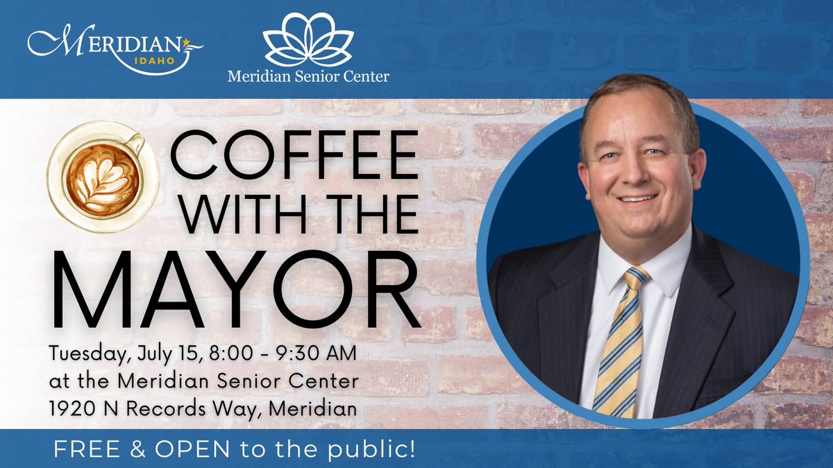 idgop21's tweet image. We encourage all Meridianites to attend "Coffee with the Mayor" at 8:00 am tomorrow morning at the Meridian Senior Center (1920 N Records Way, inside Kleiner Park). Chat with local officials, fellow Meridianites, and ask your questions!
#mymeridian