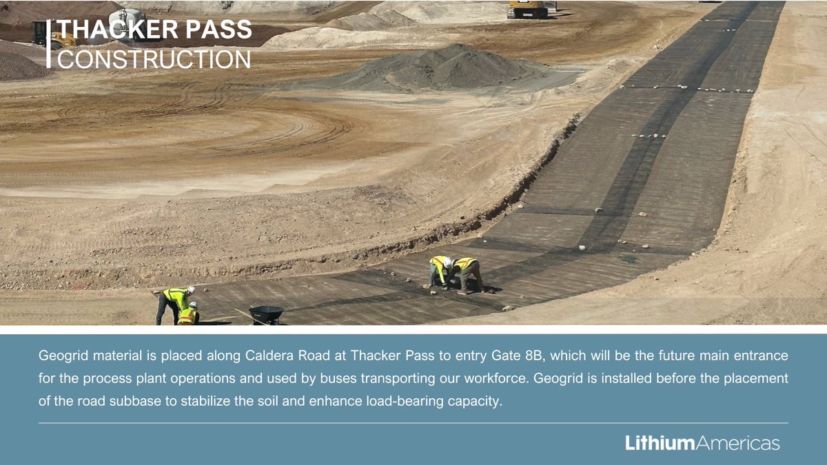 ThackerPass's tweet image. Geogrid material is placed along Caldera Road at @ThackerPass to entry Gate 8B, which will be the future main entrance for the process plant operations and used by buses transporting our workforce. Geogrid is installed before the placement of the road subbase to stabilize the…