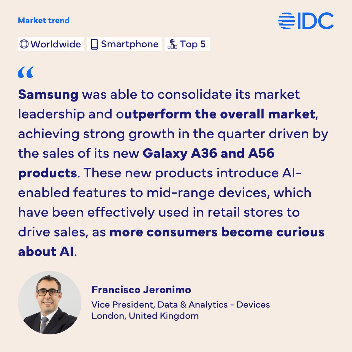 Francisco Jeronimo (@fjeronimo) on Twitter photo The big start of Q2 2025 🥇 is <a href="/Samsung/">Samsung Electronics</a>, which outperformed the market and consolidated its smartphone leadership. With the new Galaxy Z Fold 7, Galaxy Z Flip 7 and Galaxy Z Flip 7 FE launched last week at the #GalaxyUnpacked, the momentum will continue in Q3 <a href="/NabilaPopal/">Nabila Popal</a> The big start of Q2 2025 🥇 is <a href="/Samsung/">Samsung Electronics</a>, which outperformed the market and consolidated its smartphone leadership. With the new Galaxy Z Fold 7, Galaxy Z Flip 7 and Galaxy Z Flip 7 FE launched last week at the #GalaxyUnpacked, the momentum will continue in Q3 <a href="/NabilaPopal/">Nabila Popal</a>