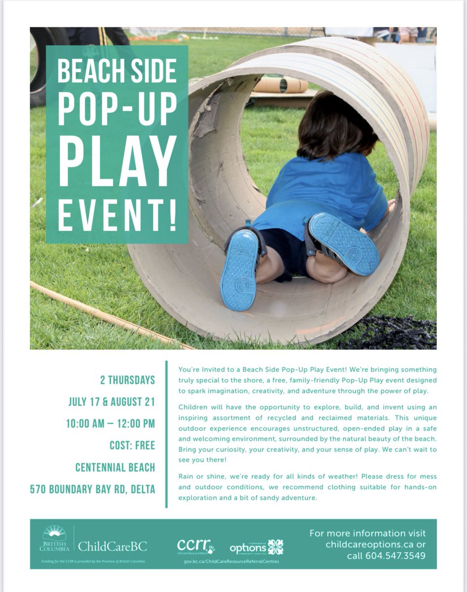 The Delta team has collected an amazing selection of loose parts for their pop-up play event at Centennial Beach this Thursday! Be sure to join them for a morning of fun!
 
July 17
10:00 am – 12:00 pm
Centennial Beach, 570 Boundary Bay Rd, Delta
FREE
childcareoptions.ca/beach-side-pop…