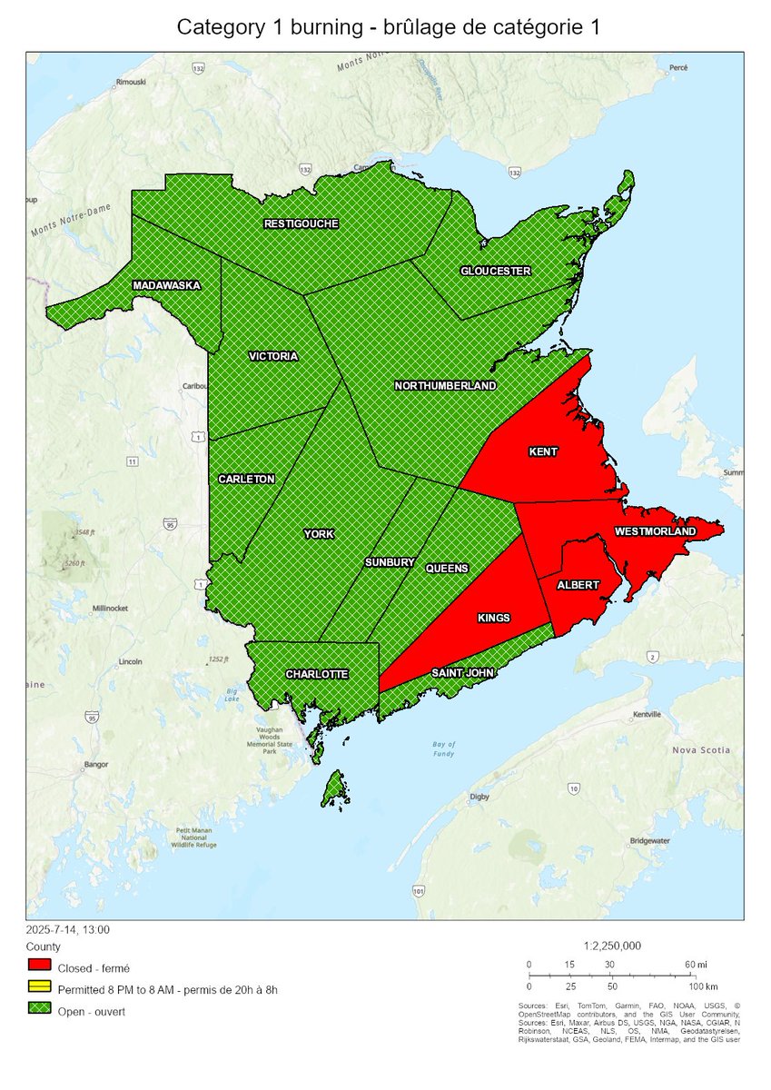 NBForestFires's tweet image. Burning conditions are valid from 2 PM July 14 to 2 PM July 15. The following counties are closed for burning: Albert, Kent, Kings, Westmorland. All other counties are open for burning.