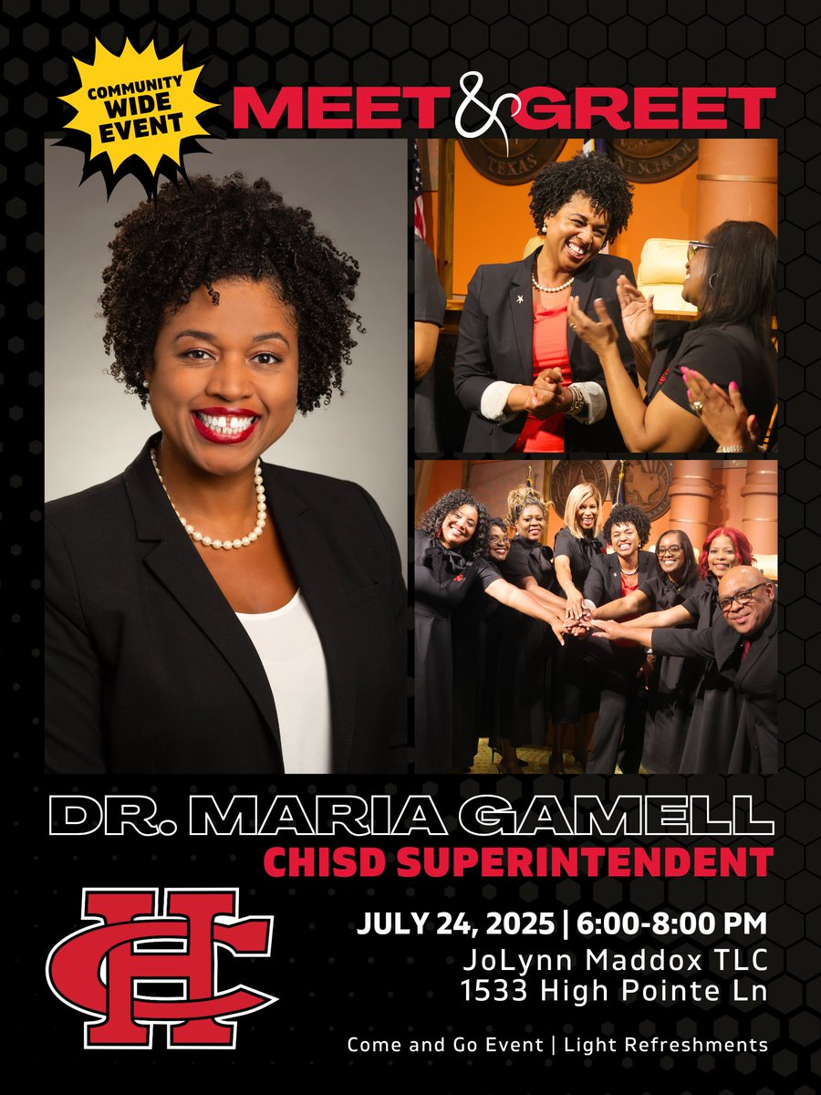 📣 You're invited to a Community-Wide Meet &amp; Greet with Dr. Maria Gamell, the new CHISD Superintendent!

🗓️ July 24, 2025
🕕 6:00–8:00 PM
📍 JoLynn Maddox TLC, 1533 High Pointe Ln

Stop by to meet Dr. Gamell, enjoy light refreshments &amp; help us give her a warm Longhorn welcome!