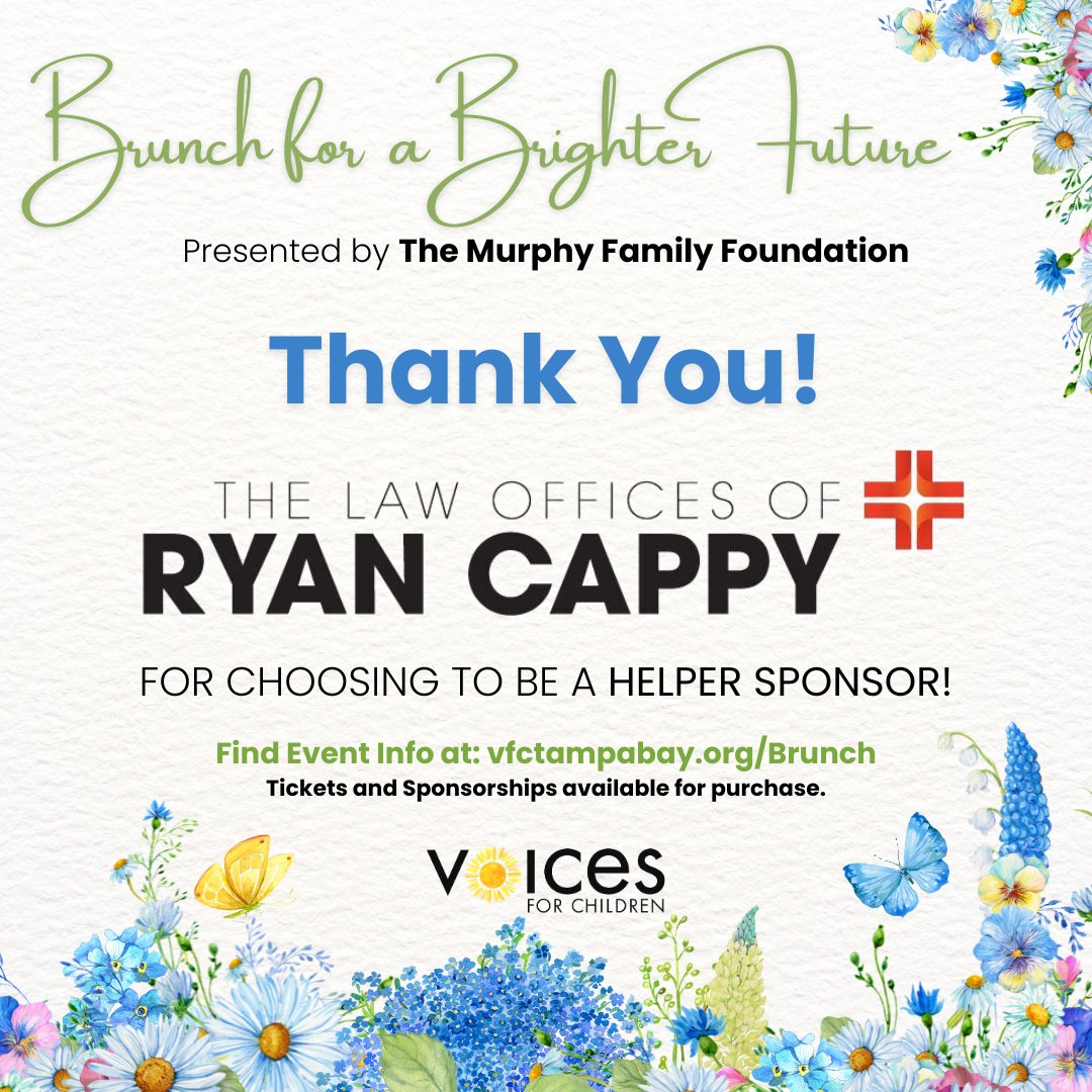 We're so excited to have so many in our community coming to our brunch! THANK YOU The Law Offices of Ryan Cappy for choosing to be a Helper Sponsor! Brunch info vfctampabay.org/brunch.
#fosterkids #fosterkidsmatter #BrunchForACause #SupportFosterKids #SponsorshipOpportunities