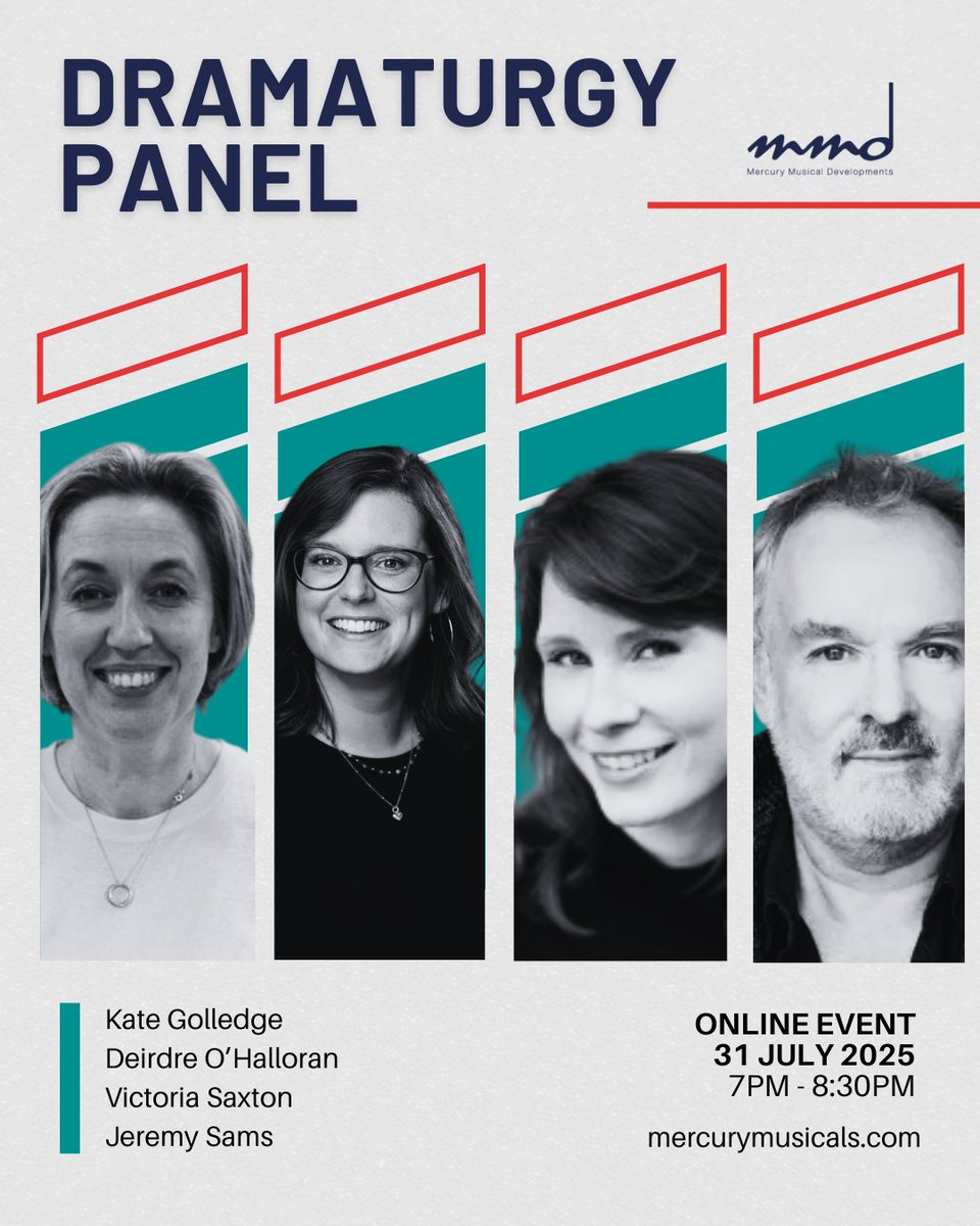 🎭 What really makes a musical work?
Join our online panel exploring the vital (and overlooked) role of dramaturgy in musical theatre!

🎙️ Deirdre O’Halloran, Kate Golledge, Jeremy Sams &amp;  Victoria Saxton!

📅 31 July | 7–8:30pm
📍 Online Event
🎟️ Free for MMD | £5 others