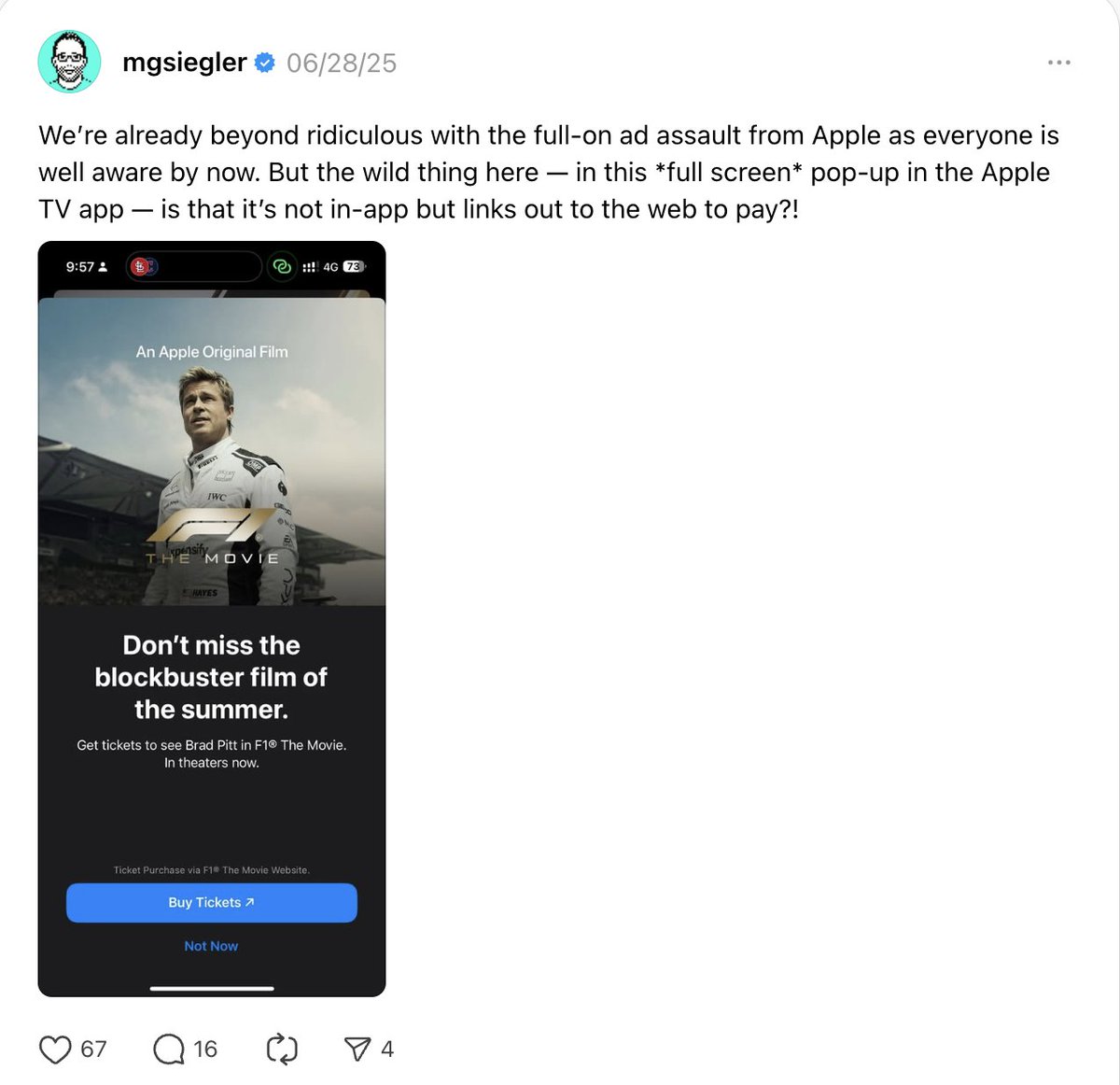 SayreEvan's tweet image. Apple has spent years arguing that it's very scary and dangerous to buy things on the open web.
Except if you're buying tickets to its F1 movie, of course.