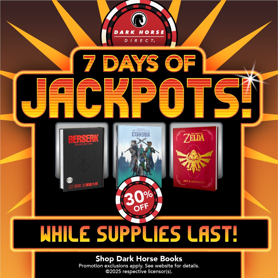 Last chance to win big during our 7 Days of Jackpots! Hurry &amp; save up to 70% off select in-stock collectibles. Plus, loyalty members earn 700 points just for taking a seat! These deals close at 5pm PST today! bit.ly/4nDCdos

@darkhorsecomics #berserk #criticalrole #zelda