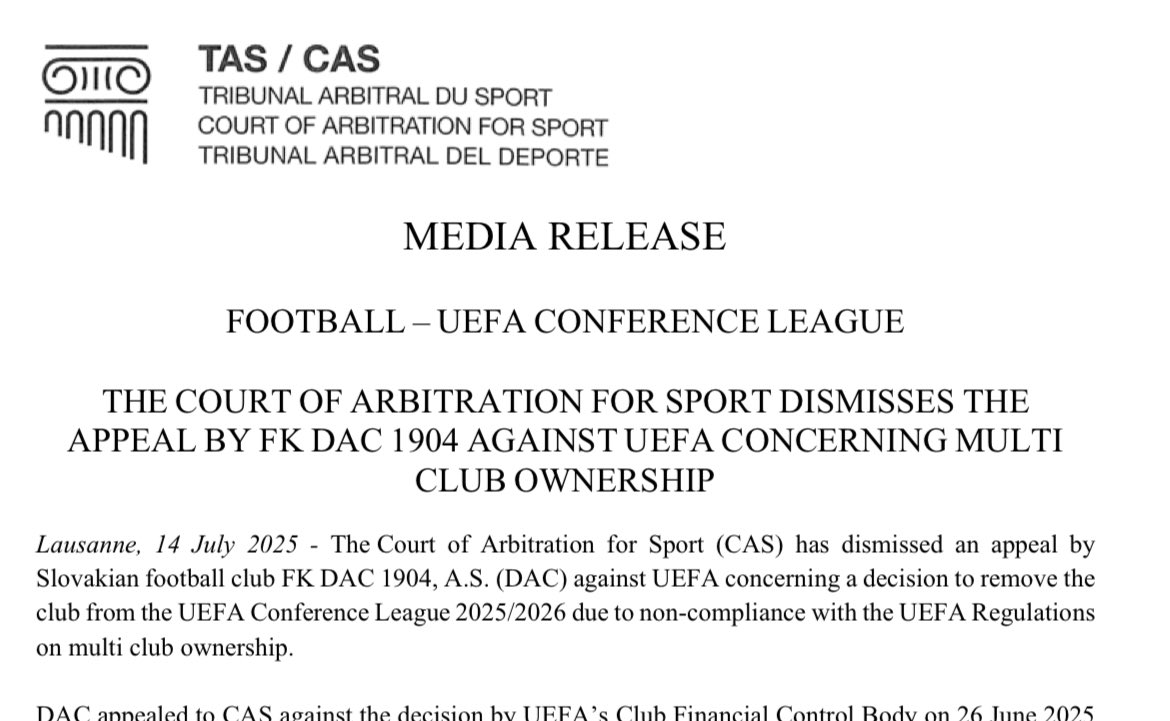 MikeKeegan_DM's tweet image. CAS reject appeal from Slovakian club FK Dac 1904, who were removed from the Europa Conference thanks to MCO issues.