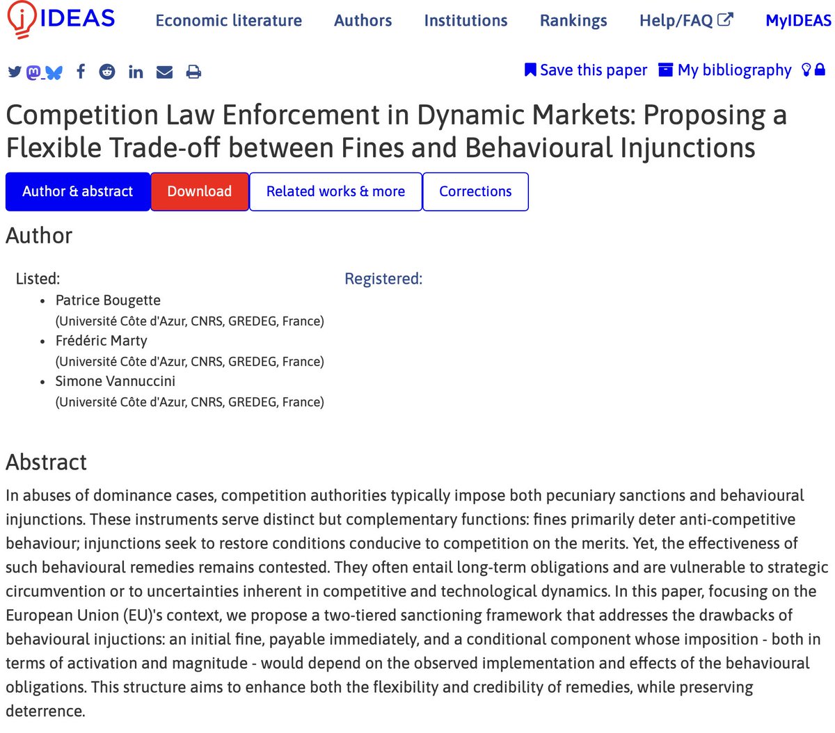 Frédéric Marty (@fred_marty) on Twitter photo "Competition Law Enforcement in Dynamic Markets: Proposing a Flexible Trade-off between Fines and Behavioural Injunctions"
New <a href="/GREDEG_UMR/">GREDEG</a> working paper authored with <a href="/PBougette/">Patrice Bougette</a> & <a href="/svannuccini/">Simone Vannuccini</a>
<a href="/CNRSshs/">CNRS Sciences humaines & sociales</a> <a href="/CNRS_DR20/">CNRS Côte d’Azur</a>
ideas.repec.org/p/gre/wpaper/2… "Competition Law Enforcement in Dynamic Markets: Proposing a Flexible Trade-off between Fines and Behavioural Injunctions"
New <a href="/GREDEG_UMR/">GREDEG</a> working paper authored with <a href="/PBougette/">Patrice Bougette</a> & <a href="/svannuccini/">Simone Vannuccini</a>
<a href="/CNRSshs/">CNRS Sciences humaines & sociales</a> <a href="/CNRS_DR20/">CNRS Côte d’Azur</a>
ideas.repec.org/p/gre/wpaper/2…