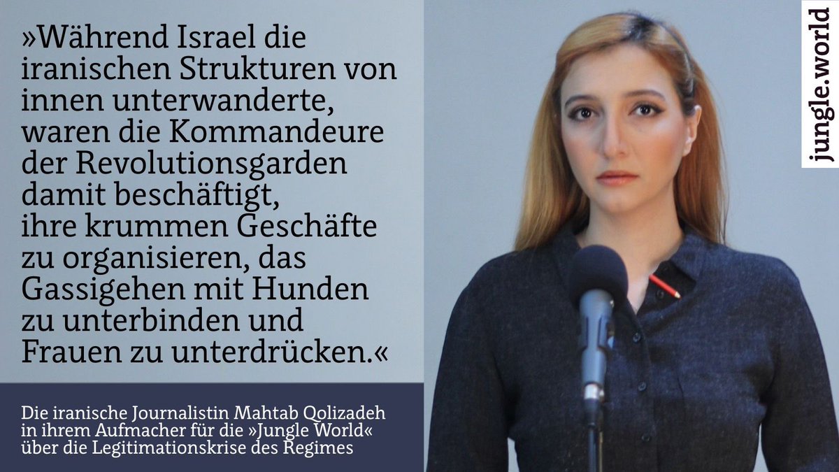 Jungle_World's tweet image. Die israelischen Militärschläge und die offensichtliche Infiltration der Nachrichtendienste haben der Islamischen Republik Iran nicht nur auf militärischer Ebene geschadet. Der Mythos der Stärke und Wehrhaftigkeit des Regimes ist stark beschädigt. (J+)
jungle.world/artikel/2025/2…