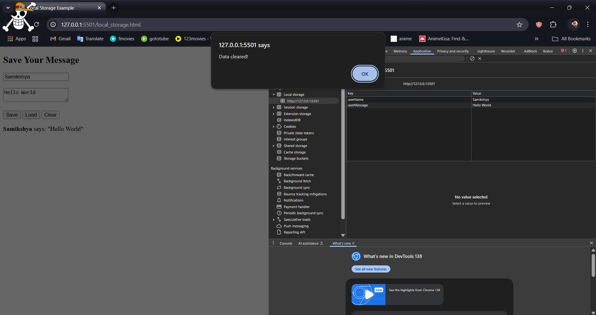 samikshya_01's tweet photo. #LSPPDay44
I explored localStorage in JavaScript. It is a built-in way to store data in the browser so that it persists even after refreshing the page.
#60DaysOfLearning2025 
#LearningWithLeapfrog
@lftechnology https://t.co/w90xPuoC1U
