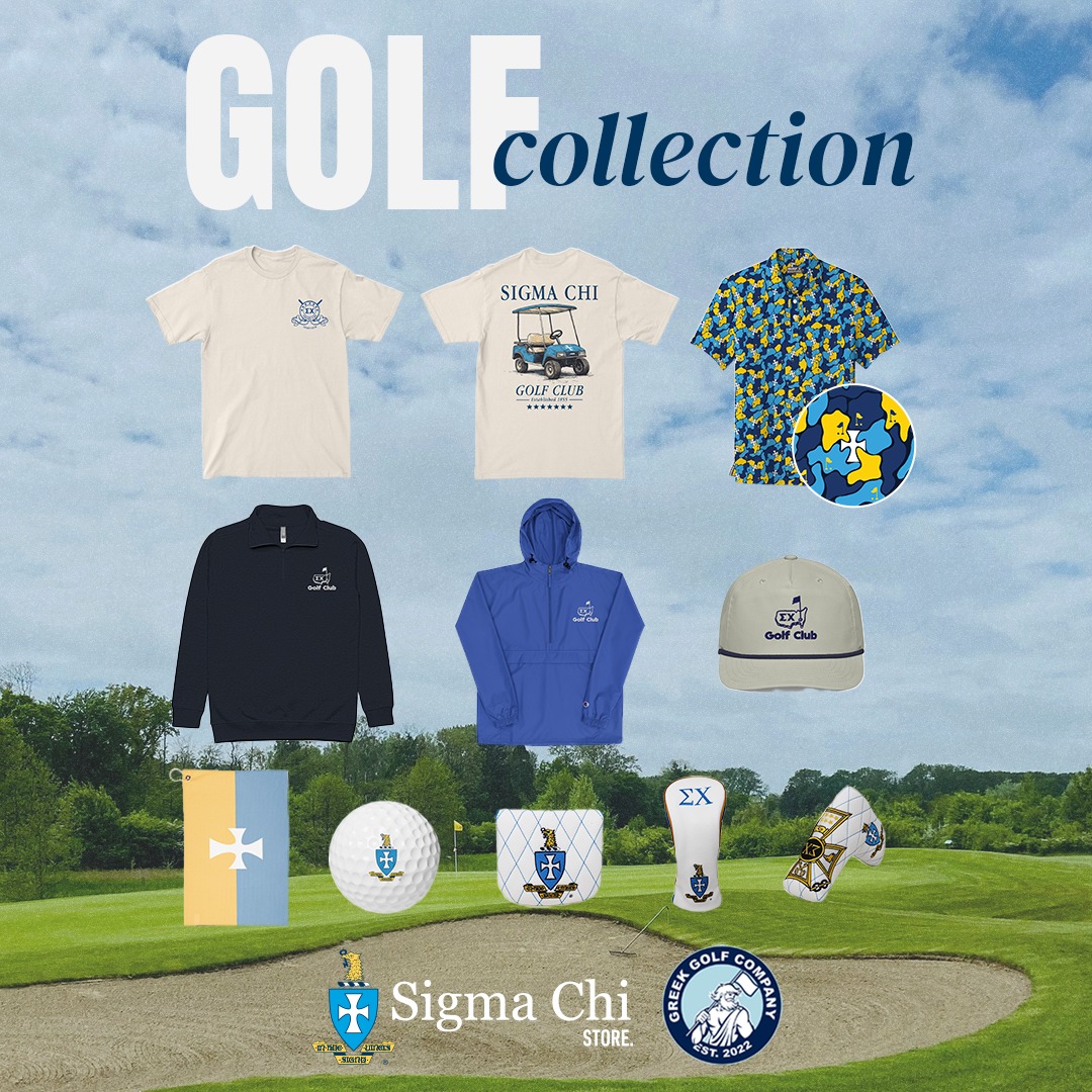 FORE! 🏌️‍♂️ The Sigma Chi Golf Club Collection is back in stock for a limited time only. Tag a brother who needs to work on his golf game... ⛳️ pick up yours today using store.sigmachi.org/collections/go…