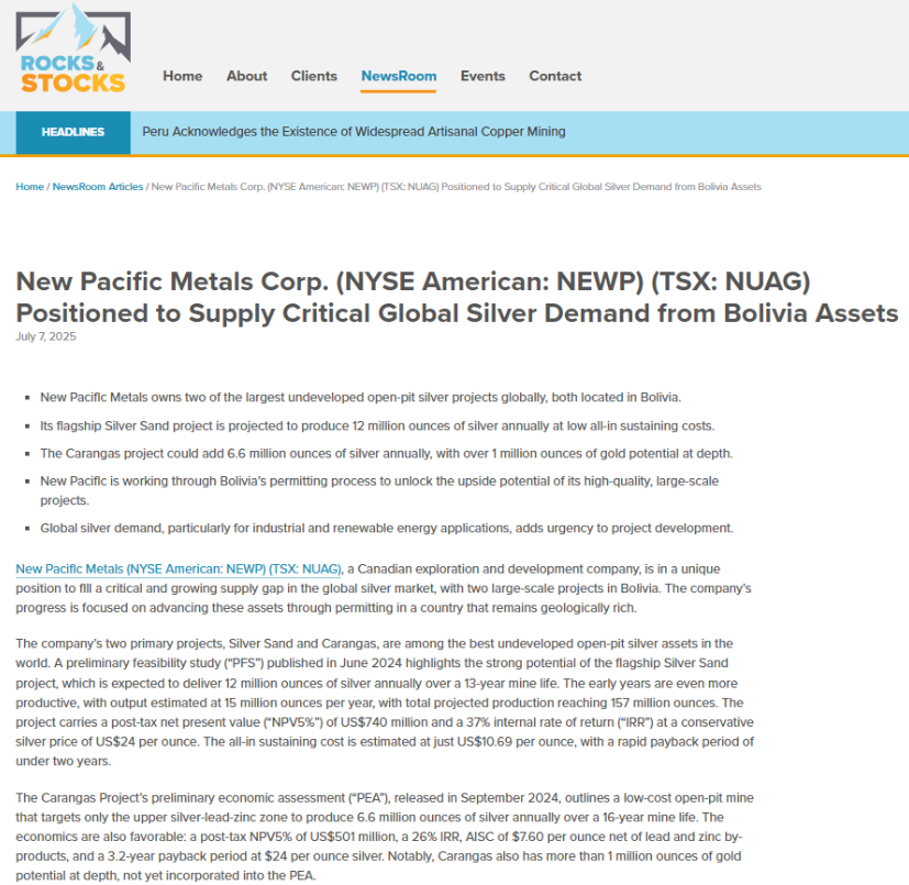 New Pacific Metals (@newpacific_) on Twitter photo Last week, <a href="/NewPacific_/">New Pacific Metals</a> was featured in this <a href="/RocksandStocks/">Rocks and Stocks</a> article, which covered the potential of our two large-scale silver projects in #Bolivia.
Silver Sand and Carangas could produce up to 19 million ounces of silver annually, positioning the company to support growing Last week, <a href="/NewPacific_/">New Pacific Metals</a> was featured in this <a href="/RocksandStocks/">Rocks and Stocks</a> article, which covered the potential of our two large-scale silver projects in #Bolivia.
Silver Sand and Carangas could produce up to 19 million ounces of silver annually, positioning the company to support growing