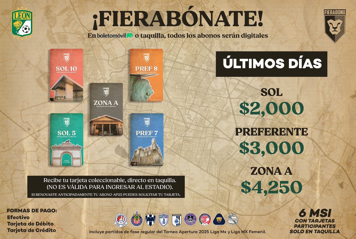Club León (@clubleonfc) on Twitter photo ÚLTIMOS DÍAS 📣
¡COMPRA YA TU FIERABONO! 🦁
Disponible en taquillas del Estadio 🏟️ o en línea a través de <a href="/boletomovil/">Boletomóvil</a>
📲 Boletomovil.com/leonfc ÚLTIMOS DÍAS 📣
¡COMPRA YA TU FIERABONO! 🦁
Disponible en taquillas del Estadio 🏟️ o en línea a través de <a href="/boletomovil/">Boletomóvil</a>
📲 Boletomovil.com/leonfc