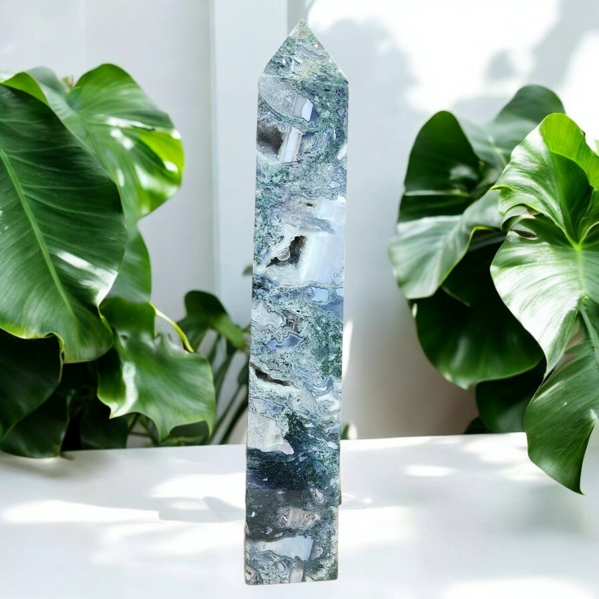 Moss Agate Statement Piece Tower 
16 inches tall
Dm for inquiries 💌

#crystals
#smallbuisness 
#whatnotapp 
#palmstreetapp 
#fypシ❤️💞❤️