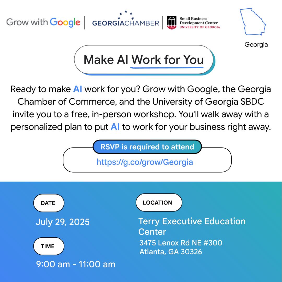 GAChamber's tweet image. We’re excited to partner with #GrowWithGoogle and @ugasbdc to bring the #MakeAIWorkForYou tour to our community.
This in-person workshop is designed for small business owners to learn practical AI applications and connect with local resources. Don't miss this opportunity to…