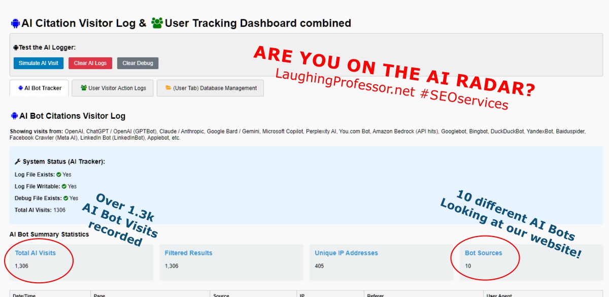 AI Bot Tracking - citations for what pages. #AI #AIBOT #AITracking laughingprofessor.net/ai-bot-tracker #TheProfessor #SEOServicesCompany