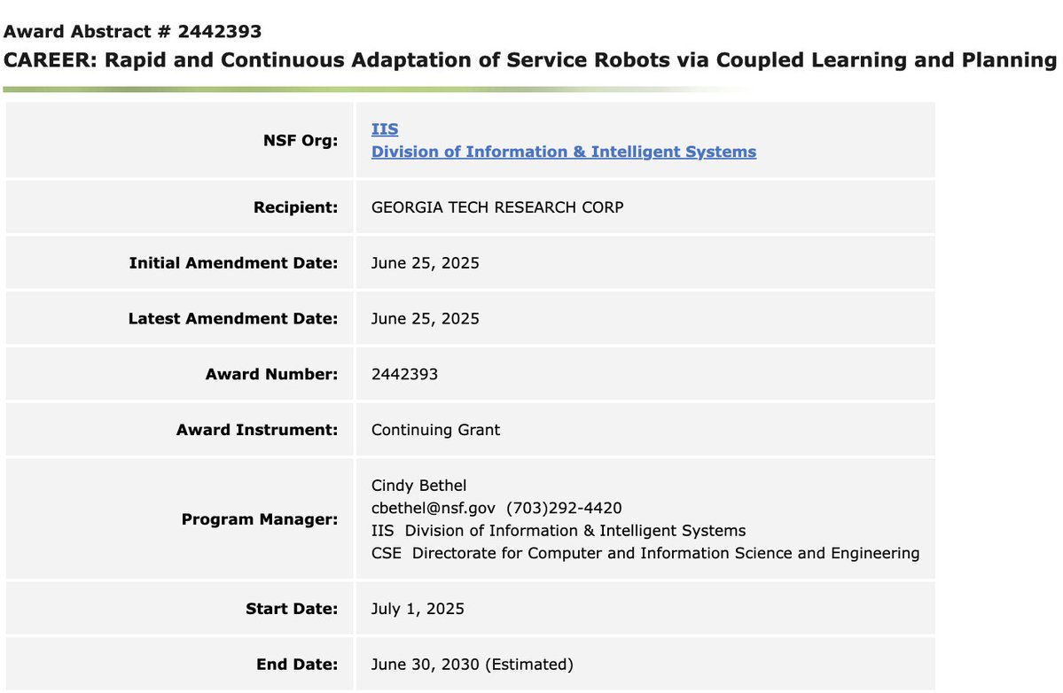 danfei_xu's tweet image. Honored to receive the NSF CAREER Award from the Foundational Research in Robotics (FRR) program!
Deep gratitude to my @ICatGT @gtcomputing colleagues and the robotics community for their unwavering support. Grateful of @NSF for continuing to fund the future of robotics…