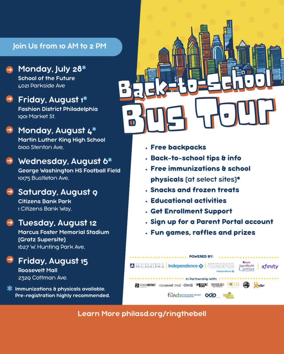 CM_JimHarrity's tweet image. 🎒 Philly’s Back-to-School Bus Tour is rolling!
✅ Free backpacks
✅ Immunizations & physicals*
✅ Enrollment help & games
📍 Find us at School of the Future, Fashion District, MLK HS & more.
Let’s get ready for a great year! ❤️
Learn more: philasd.org/ringthebell