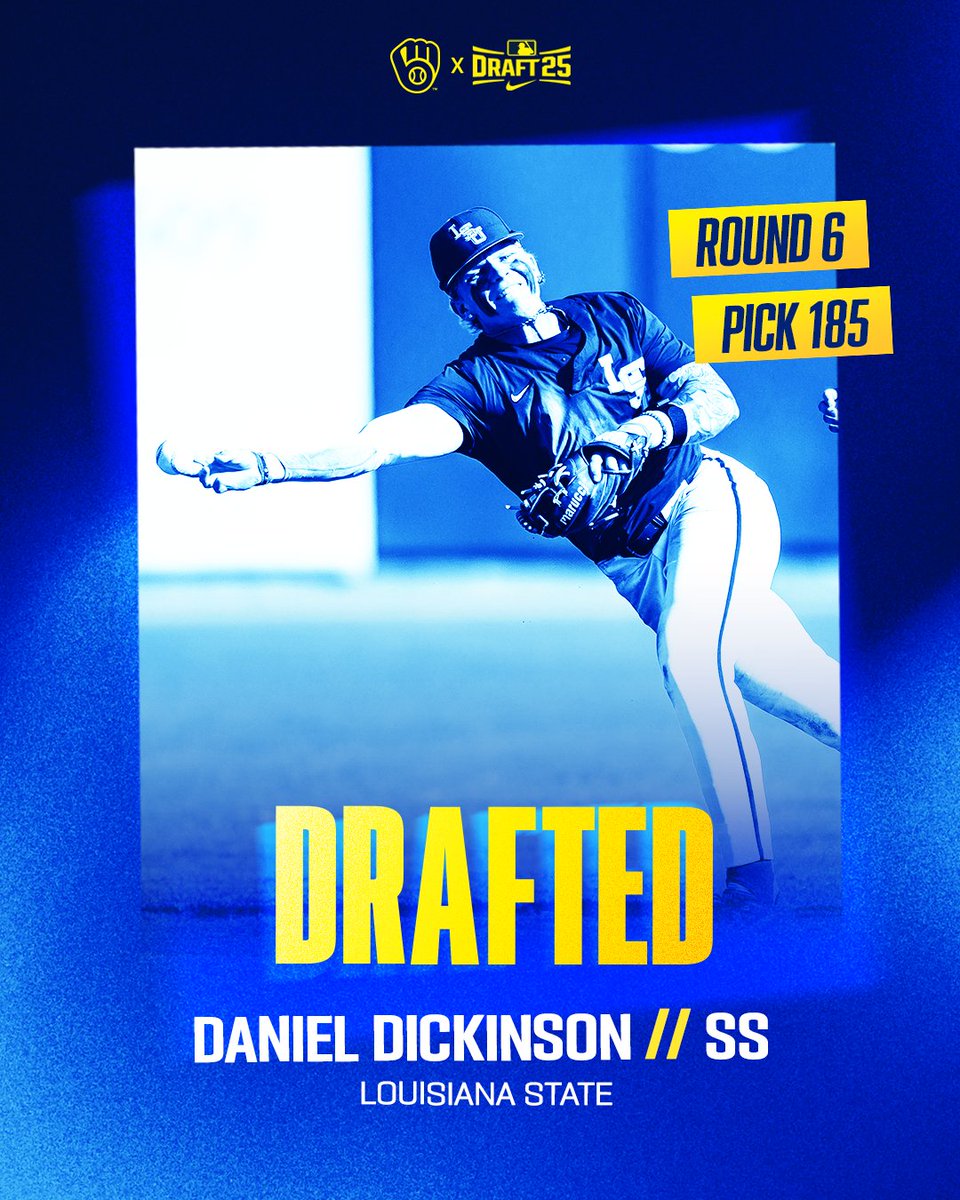 BrewersPD's tweet image. Round 6 / Pick 185
Daniel Dickinson / Louisiana State
Welcome to the Crew, @coopcoop_1!
#ThisIsMyCrew x @LSUbaseball