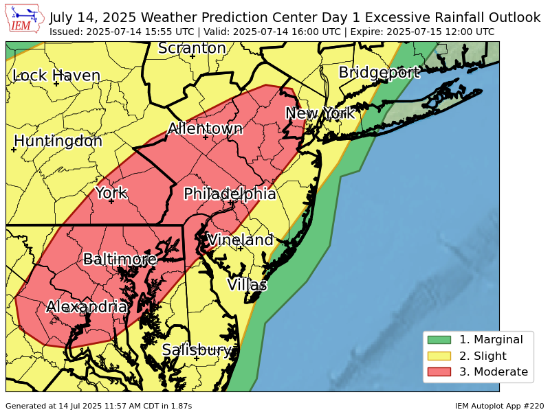 WPC issues Day 1 Moderate Risk Excessive Rainfall Outlook at Jul 14, 15:55z for PHI wpc.ncep.noaa.gov/qpf/excessive_…