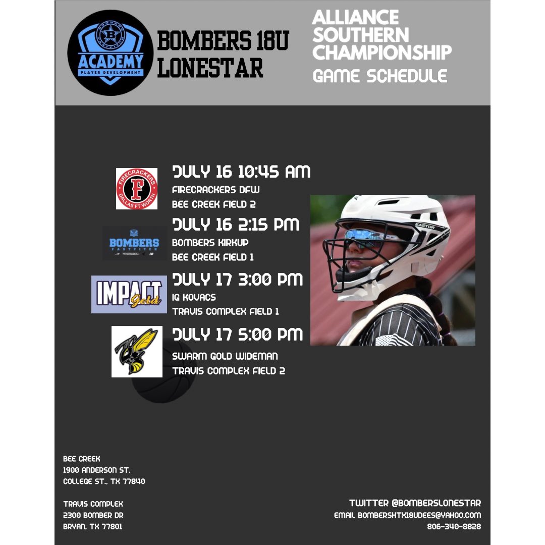 Bombers 16u HTX LS/18u LS AFCS Qualified (@deeshtx18u) on Twitter photo Pool game schedule Alliance Southern Championship in College Station, TX starting Wednesday July 16.
<a href="/baylee__hebert/">Baylee Hebert</a>
<a href="/KDworsky27204/">Kevin Dworsky</a>
<a href="/HalataBrian/">Brian Halata</a>
<a href="/GrahmannMichael/">Michael Grahmann</a> Pool game schedule Alliance Southern Championship in College Station, TX starting Wednesday July 16.
<a href="/baylee__hebert/">Baylee Hebert</a>
<a href="/KDworsky27204/">Kevin Dworsky</a>
<a href="/HalataBrian/">Brian Halata</a>
<a href="/GrahmannMichael/">Michael Grahmann</a>