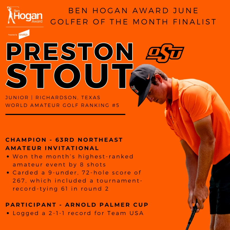 Ben Hogan Award (@benhoganaward) on Twitter photo Like this post to vote for <a href="/OSUCowboyGolf/">OSU Cowboy Golf</a>'s Preston Stout, the winner of the 63rd <a href="/NortheastAm/">Northeast Amateur</a> Invitational and member of the <a href="/ArnoldPalmerCup/">Arnold Palmer Cup</a> Team USA, as the Ben Hogan Award's June Golfer of the Month! Like this post to vote for <a href="/OSUCowboyGolf/">OSU Cowboy Golf</a>'s Preston Stout, the winner of the 63rd <a href="/NortheastAm/">Northeast Amateur</a> Invitational and member of the <a href="/ArnoldPalmerCup/">Arnold Palmer Cup</a> Team USA, as the Ben Hogan Award's June Golfer of the Month!
