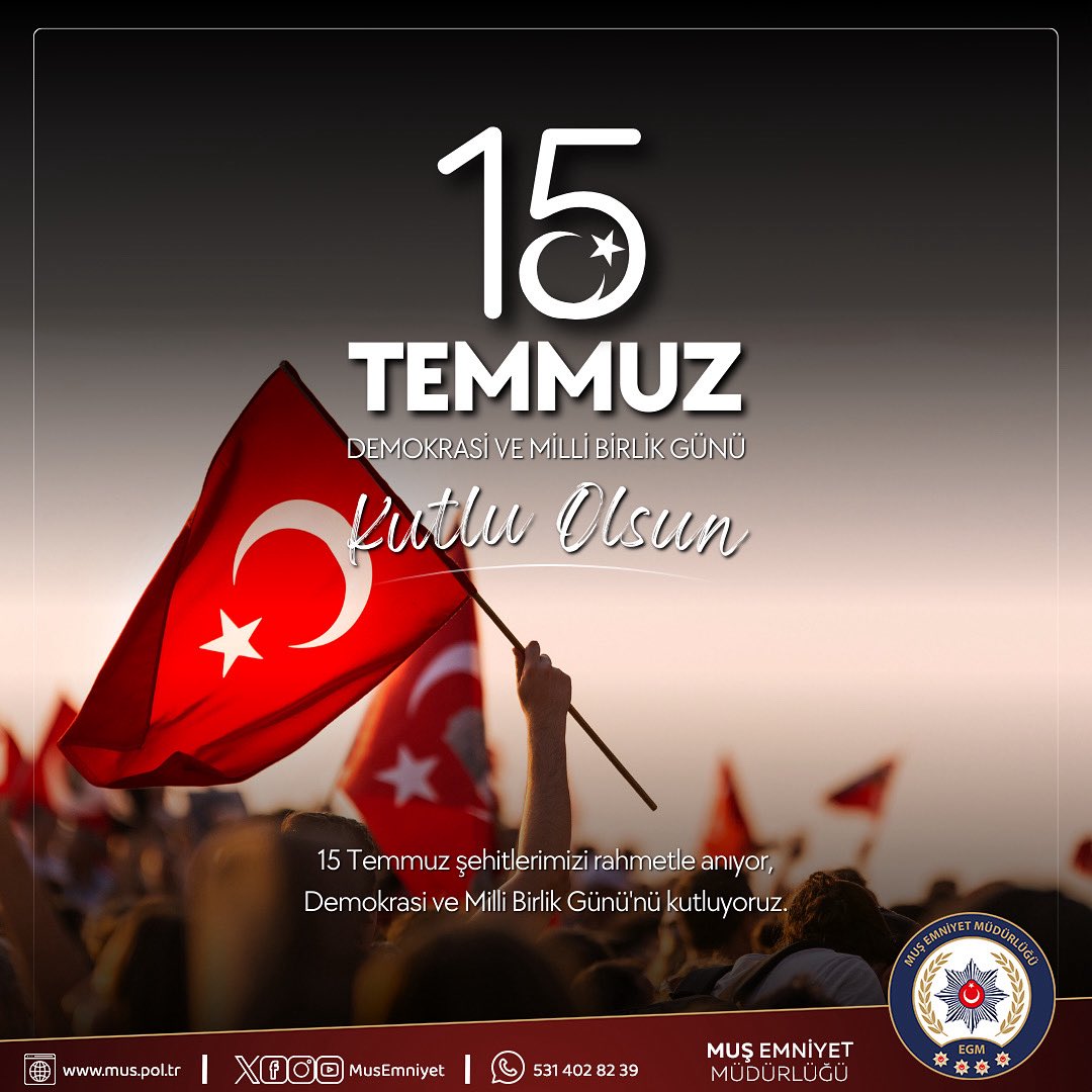 15 Temmuz Demokrasi ve Millî Birlik Günü’nde Vatanı uğruna canlarını feda eden aziz şehitlerimizi rahmetle,kahraman gazilerimizi minnetle anıyoruz.Milletimizin o gece gösterdiği cesaret,demokrasiye ve bağımsızlığa olan bağlılığımızın
en güçlü nişanesidir.