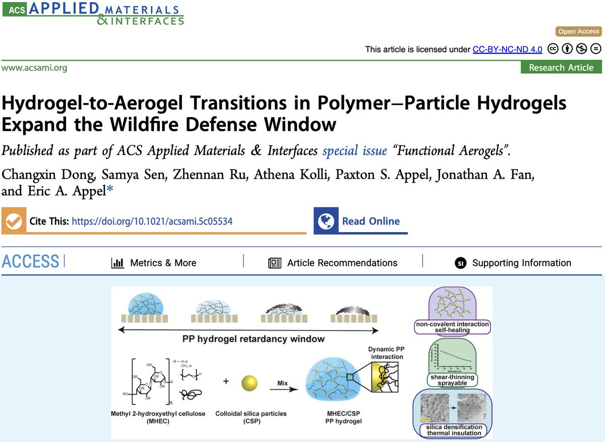 Eric A. Appel (@appelgroup) on Twitter photo Just published the lab's 100th publication in <a href="/ACS_AMI/">ACS Applied Materials & Interfaces</a>!
This work further characterizes our wildfire gels. The LA #wildfires caused widespread destruction and displacement, and severe economic losses, highlighting the urgent need for better technologies.
pubs.acs.org/doi/10.1021/ac… Just published the lab's 100th publication in <a href="/ACS_AMI/">ACS Applied Materials & Interfaces</a>!
This work further characterizes our wildfire gels. The LA #wildfires caused widespread destruction and displacement, and severe economic losses, highlighting the urgent need for better technologies.
pubs.acs.org/doi/10.1021/ac…