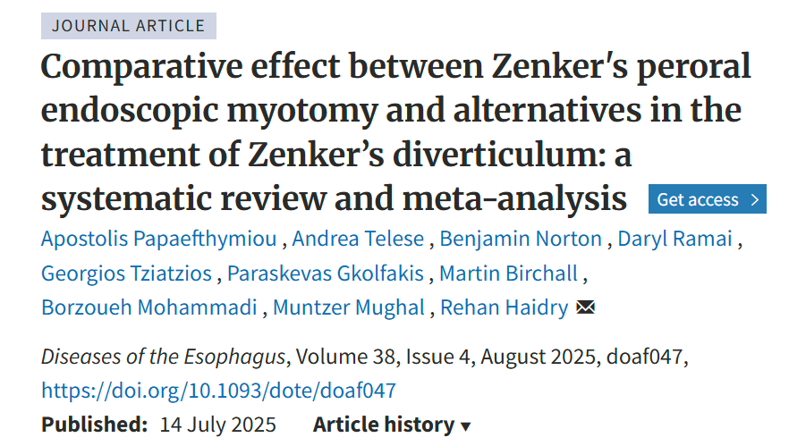 Daryl Ramai, MD, MPH, MSc. (@darylramai) on Twitter photo 🚨Our latest study in Zenker’s Treatment <a href="/DOTEsophagus/">Diseases of the Esophagus Journal</a> 🚀
✅2.14 better clinical success vs traditional methods (OR: 2.14)
👉97.4% technical success, fewer AEs
🏁Z-POEM shines as being safe and effective in elderly patients
🔗pubmed.ncbi.nlm.nih.gov/40654274/
💡#ZPOEM #Thirdspace 🚨Our latest study in Zenker’s Treatment <a href="/DOTEsophagus/">Diseases of the Esophagus Journal</a> 🚀
✅2.14 better clinical success vs traditional methods (OR: 2.14)
👉97.4% technical success, fewer AEs
🏁Z-POEM shines as being safe and effective in elderly patients
🔗pubmed.ncbi.nlm.nih.gov/40654274/
💡#ZPOEM #Thirdspace