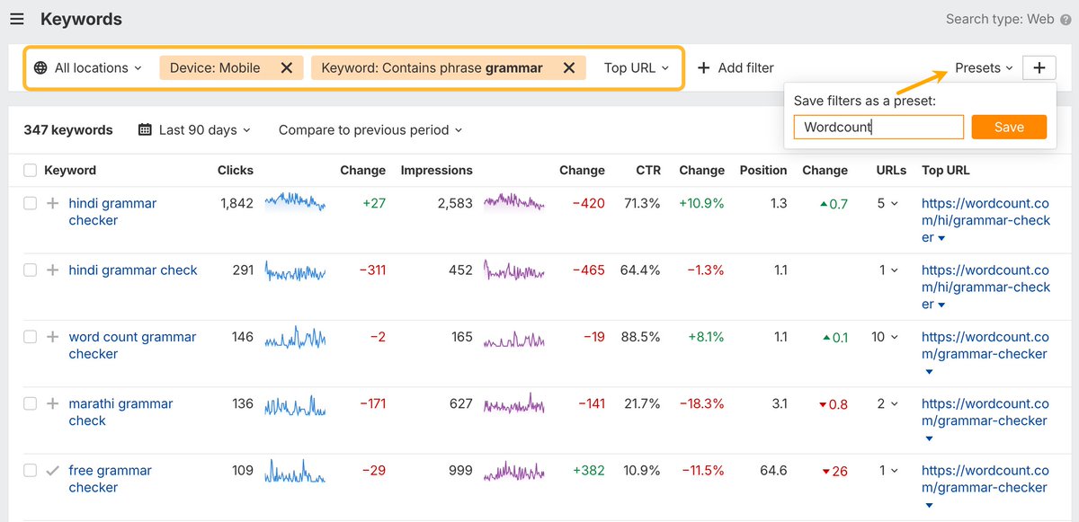 NEW: Filter presets in GSC Keywords 🙌

Save your top filters for quick access – no more repeating the same setup.

Presets are stored per user. Find them in the top filter bar.