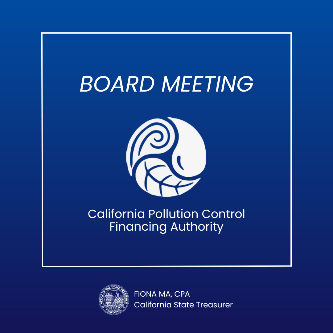 CalTreasurer's tweet image. The California Pollution Control Finance Authority board meeting is July 15 at 901 P Street, Rm 102 at 10:30 a.m. The agenda and meeting materials are at treasurer.ca.gov/cpcfa/meeting/…
