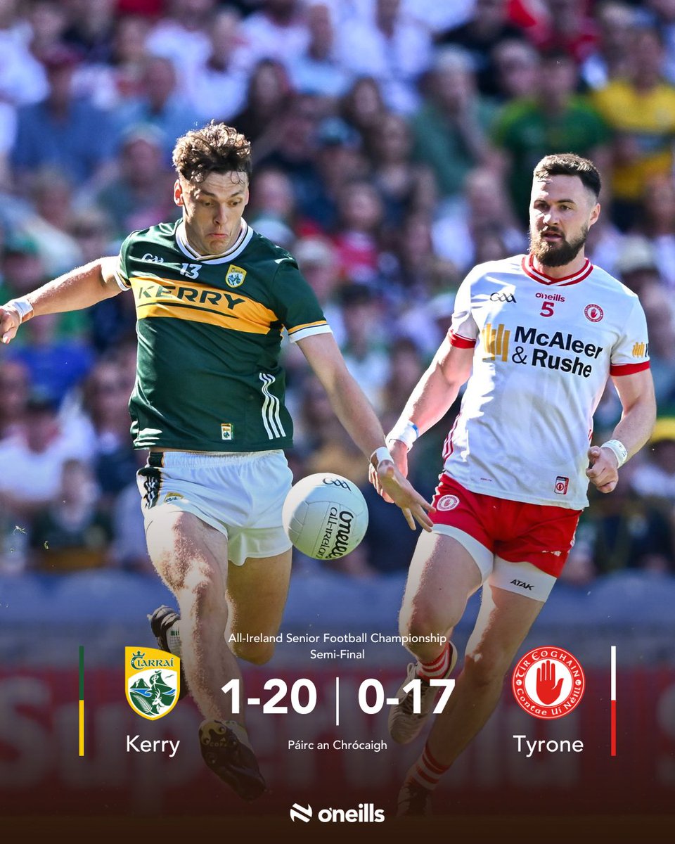 ONeills1918's tweet image. The Stage is Set! 💚💛
A repeat of the 2014 final awaits, as Kerry pulled clear with nine unanswered points to beat Tyrone 1‑20 to 0‑17. 🔥
Donegal powered past Meath with goals from Gallen, Moore & O’Donnell sealing their place in the decider! 🏐
#GAA #AllIreland #ONeills
