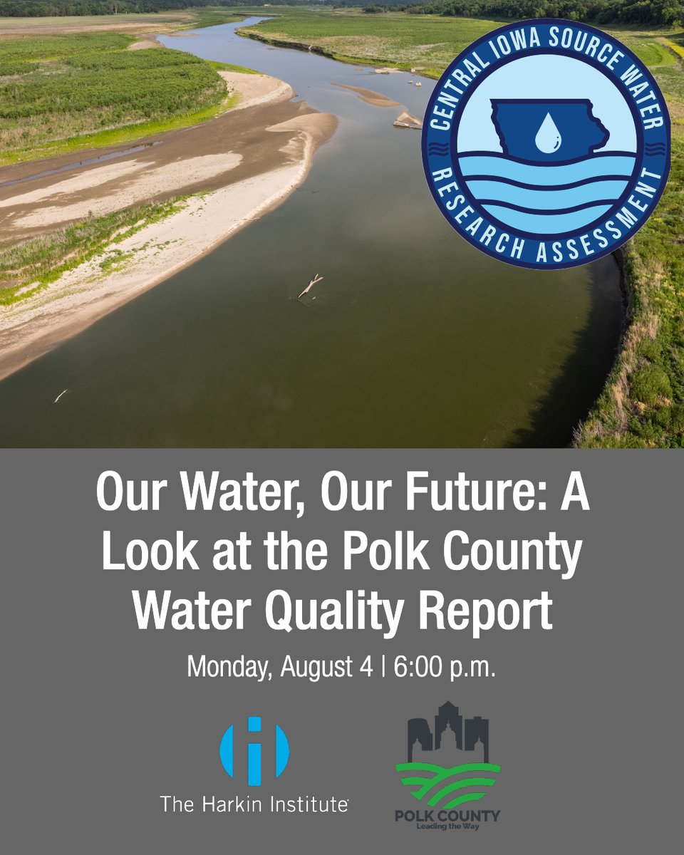 HarkinAtDrake's tweet photo. Join us for the FIRST official presentation on the findings from the Central Iowa Source Water Resource Assessment (CISWRA) report on August 4th. This groundbreaking study provides the most comprehensive analysis of water quality in the Des Moines and Raccoon Rivers to date. https://t.co/4vr3uMxpee