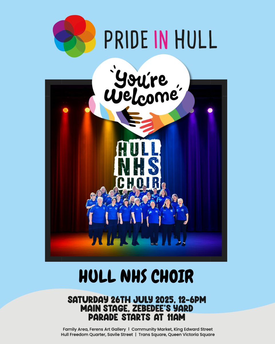 prideinhull's tweet image. 🎶 Exciting news! @hullnhschoir will perform at #PrideInHull 2025! 🏳️🌈🏳️⚧️ From singing for wellbeing to sharing the stage with Take That, they uplift our NHS spirit. 🎤✨
📍 Main Stage, Zebedee’s Yard
📅 Sat, July 26
#HullNHSChoir #PrideInHull #NHS