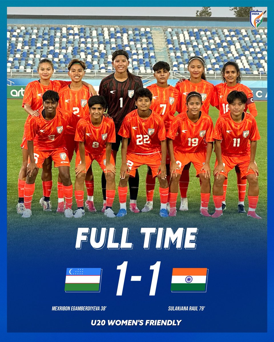 Full-time in Tashkent! 🏟️

Sulanjana’s second-half equaliser fetches a draw for India in the U20 women’s friendly against Uzbekistan 🤝

🇺🇿 1️⃣-1️⃣ 🇮🇳

#UZBIND #YoungTigresses #IndianFootball ⚽️