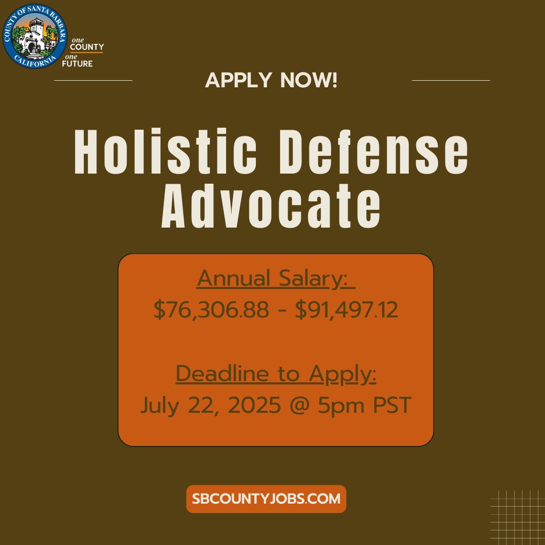 CountySBCareers's tweet image. We are currently accepting applications to fill 2 vacancies for Holistic Defense Advocate in Santa Barbara for the Public Defender's Office. For more information, please visit SbCountyJobs.com. The deadline to apply is July 22, 2025 at 5pm PST. #FederalEmployees #ApplyNow
