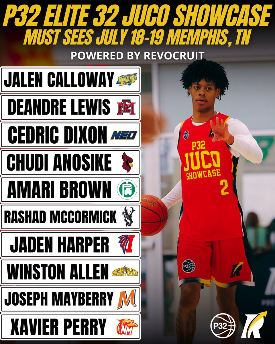 JC4PT's tweet image. Memphis turns electric July 18–19.
The P32 Elite 32 JUCO Showcase is coming — powered by Revocruit x New Balance P32. Held at the Memphis Sports and Events Center.
Here’s another must see list to start tracking on the @Revocruit app now.
Jalen Calloway - Vincennes
Deandre…