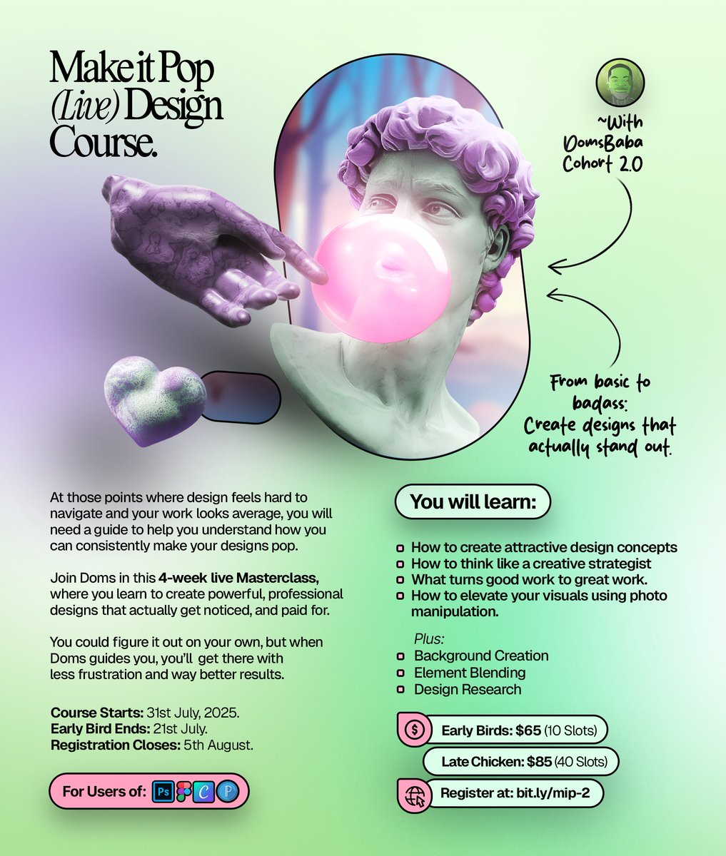 Doms_V2's tweet image. 3 months ago, I took a step towards lasting impact, for Designers.
I created a live program that equipped every participant with the necessary knowledge, approach, and tools to do design the right way. And the access they needed to ask the right questions.
After weekly calls,…