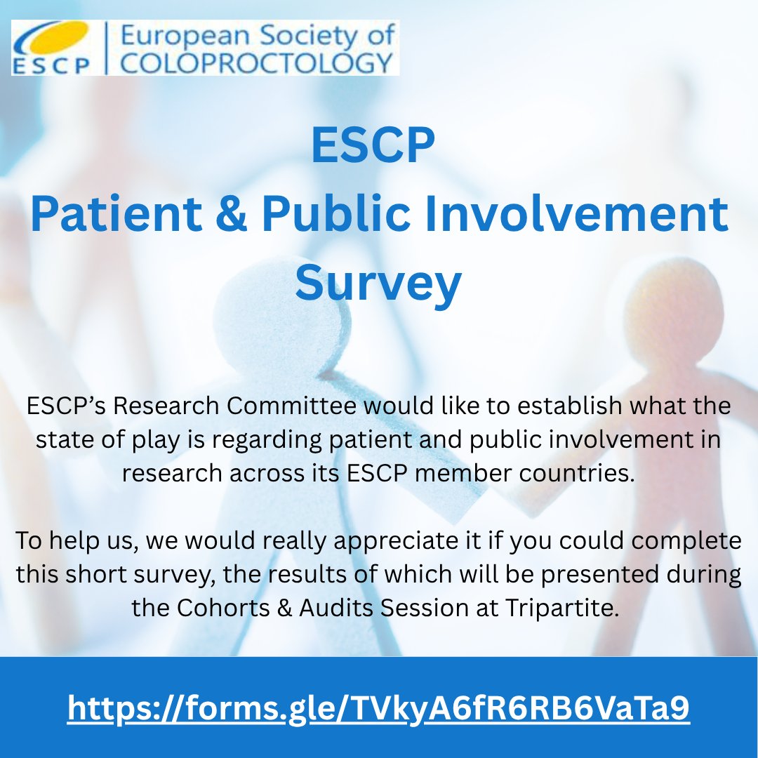 SueB (@littlemissileo) on Twitter photo The <a href="/escp_tweets/">European Society of Coloproctology</a> Research Committee have a short survey on the state of play regarding patient and public involvement in research across its ESCP member countries. We'd be very grateful if you could fill it in and share it with your networks.
docs.google.com/forms/d/e/1FAI… The <a href="/escp_tweets/">European Society of Coloproctology</a> Research Committee have a short survey on the state of play regarding patient and public involvement in research across its ESCP member countries. We'd be very grateful if you could fill it in and share it with your networks.
docs.google.com/forms/d/e/1FAI…