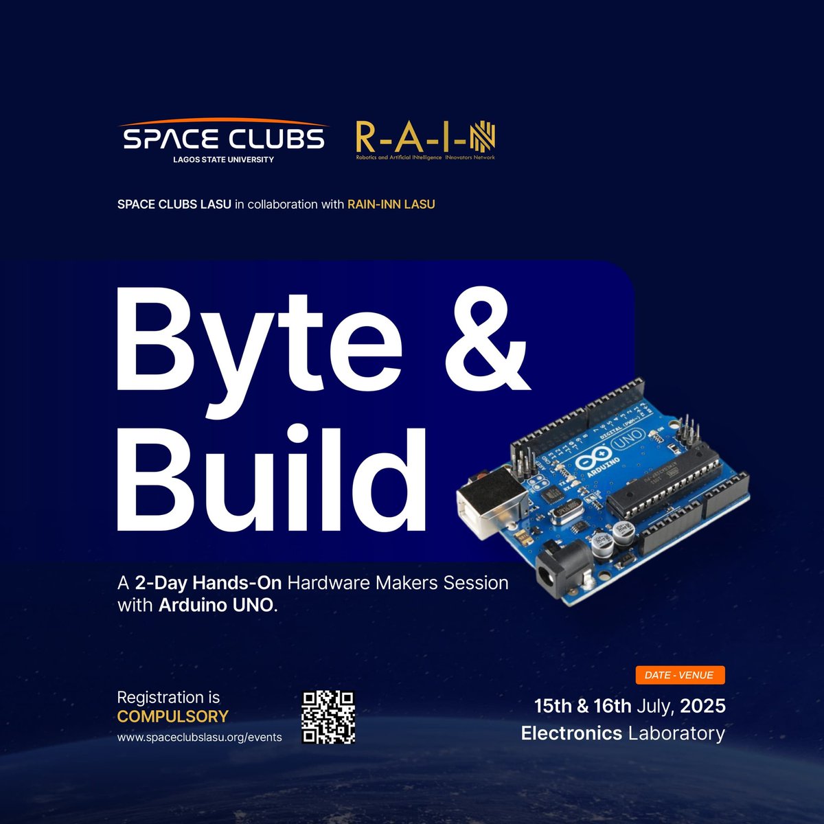 rainin_lasu's tweet photo. 🚀 Byte &amp; Build is here
A 2-day hands-on Arduino makers session for LASU students.

🗓️ 15–16 July 2025
📍 Electronics Lab, LASU
🔹 Learn hardware skills
🔹 Build space-inspired projects
🔹 Get certified

⚠️ Limited seats. Register now: https://t.co/lWNlQPUJez https://t.co/OYPbllXNcU