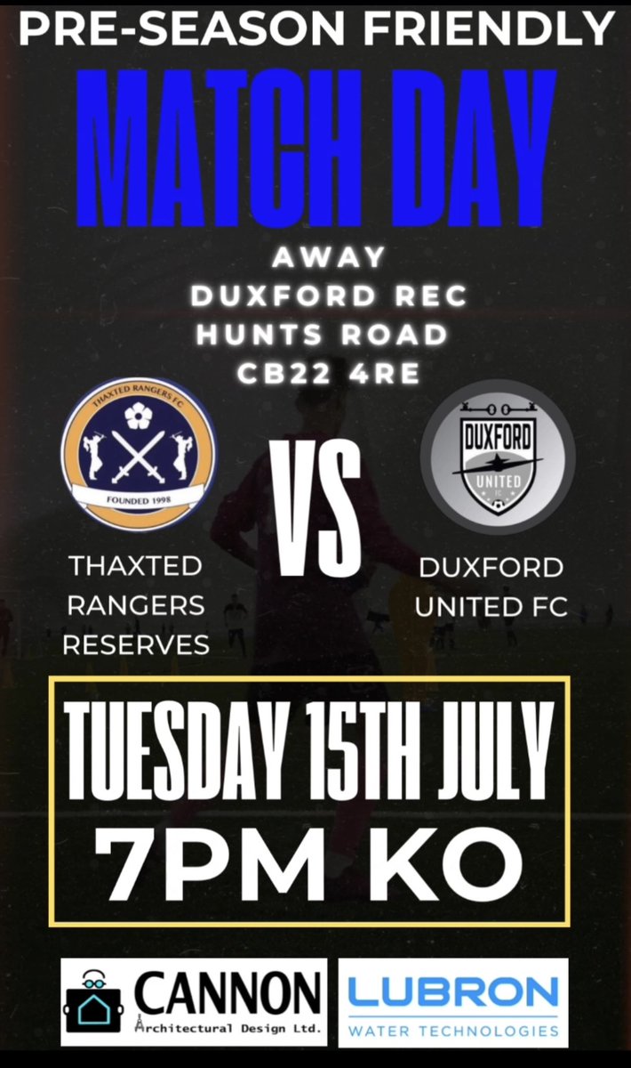 Thaxted Rangers FC First & Reserves (@thaxted_rangers) on Twitter photo Our reserves have their first pre-season friendly tomorrow night against <a href="/DuxfordFC/">Duxford United FC</a> 7pm KO! 🙌🏻 Our reserves have their first pre-season friendly tomorrow night against <a href="/DuxfordFC/">Duxford United FC</a> 7pm KO! 🙌🏻