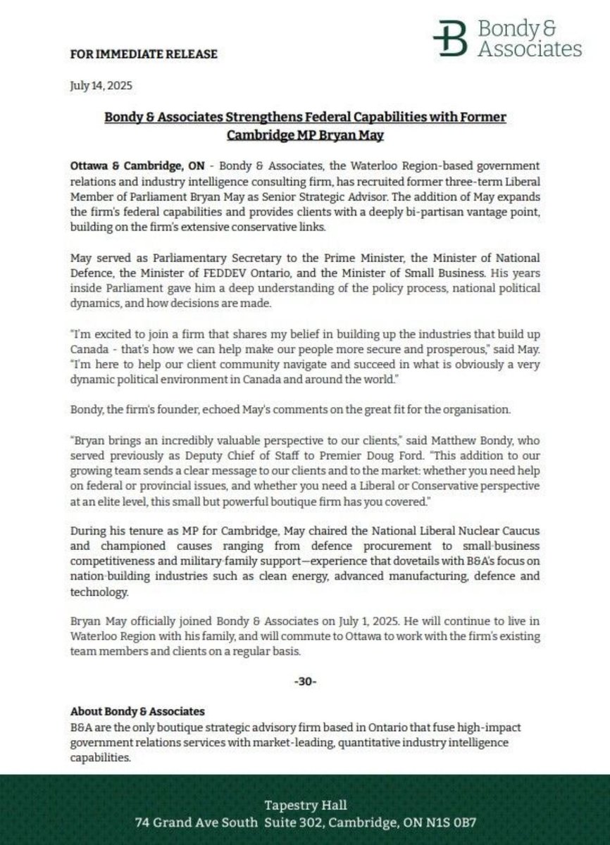 Bryan May (@_bryanmay) on Twitter photo I am excited to announce I have joined Bondy & Associates as Senior Strategic Advisor. 
I am looking forward to continuing to serve my community and support the nation building organizations that make Cambridge, Ontario, and Canada stronger and more resilient each and every day. I am excited to announce I have joined Bondy & Associates as Senior Strategic Advisor. 
I am looking forward to continuing to serve my community and support the nation building organizations that make Cambridge, Ontario, and Canada stronger and more resilient each and every day.